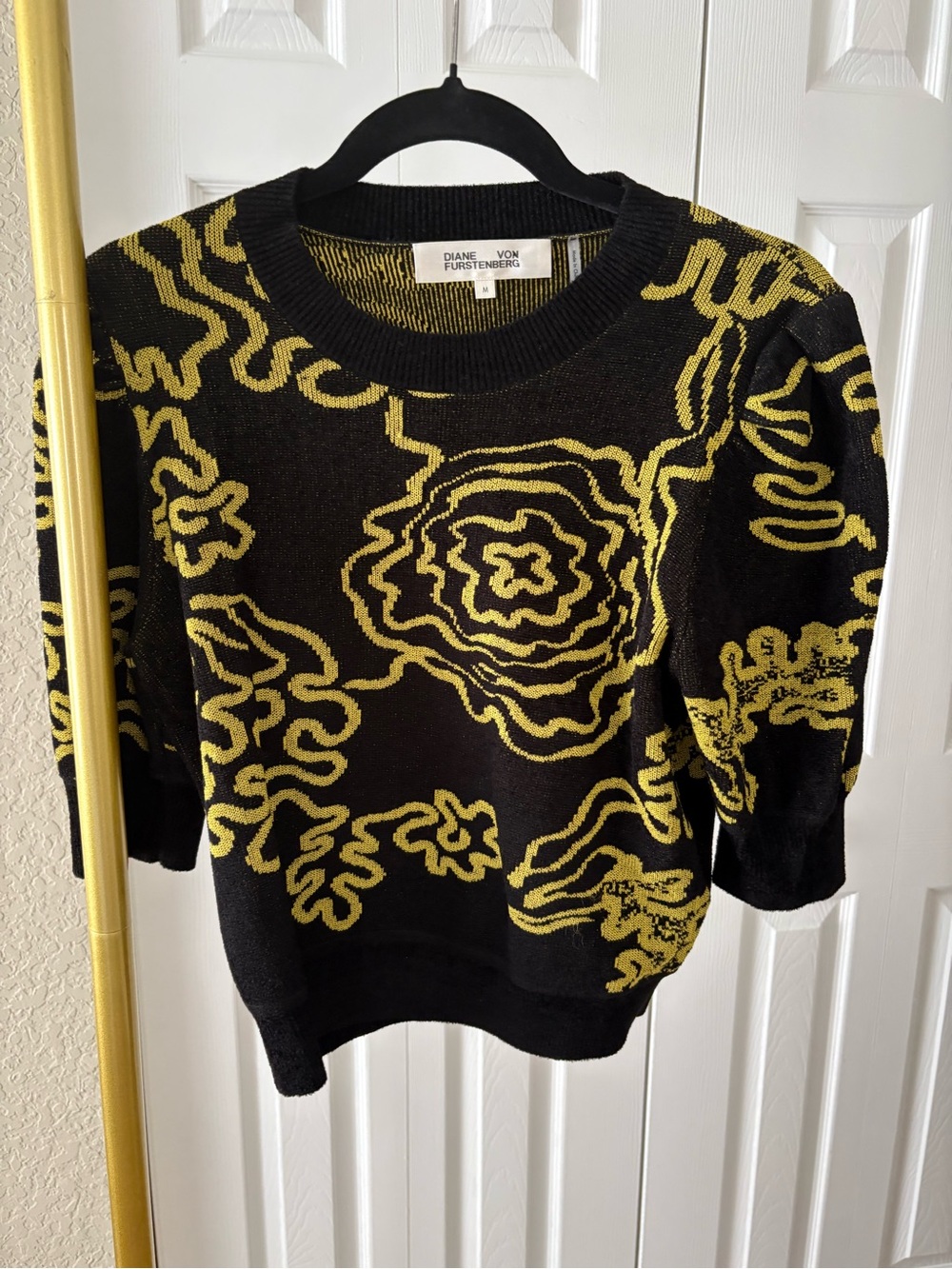 Diane Von Furstenberg Black Sweater with Yellow Graphic Knit